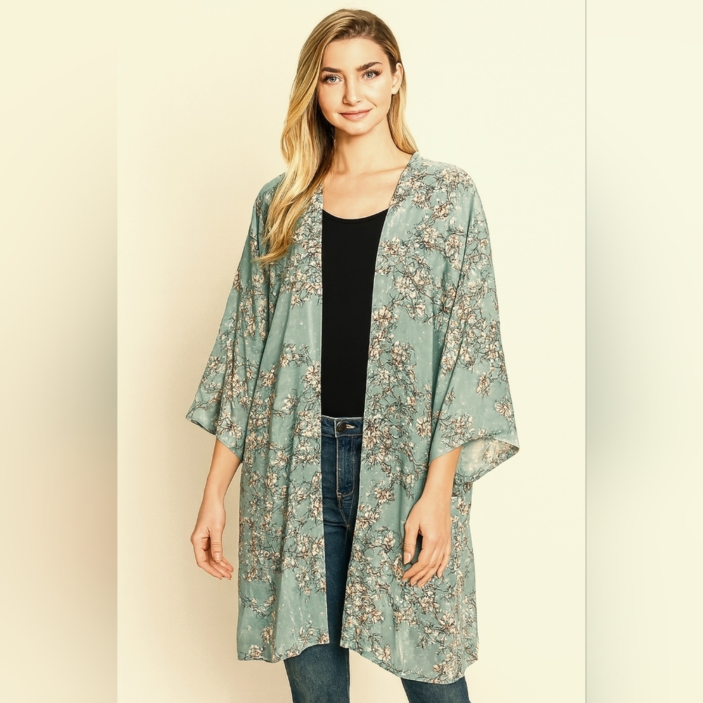 P & Rose Mint Green Floral Lounge Robe Wide Sleeve Sheer Kamono Sz 2XL